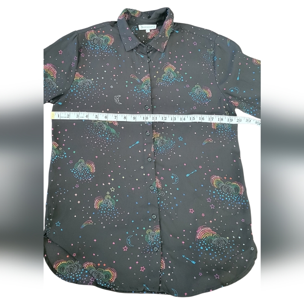Warehouse Black Celestial Button Down Long Sleeve Shirt, Moon Stars, Women's 10 - Picture 7 of 9